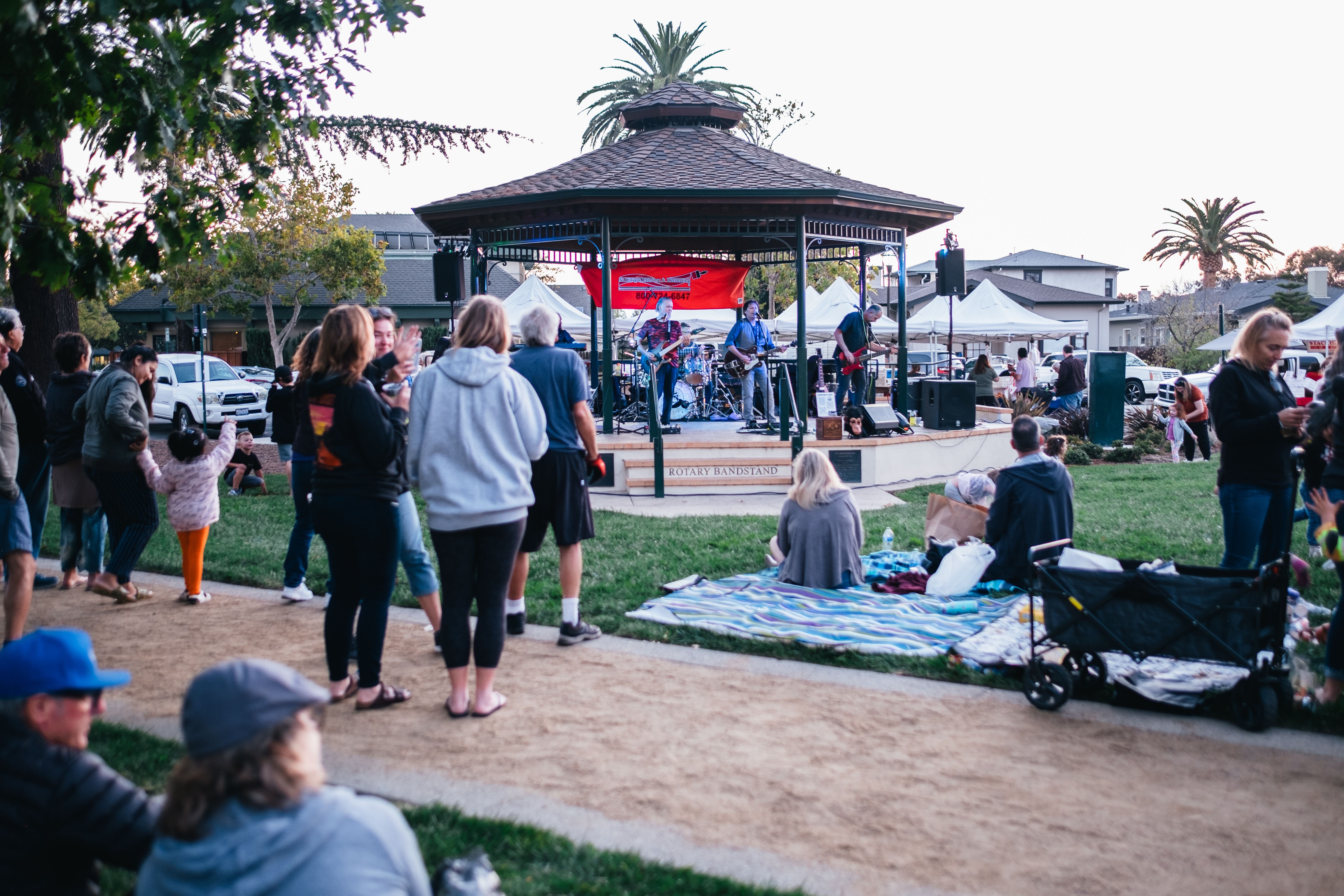 Audience enjoying a live outdoor concert in a leafy park setting.